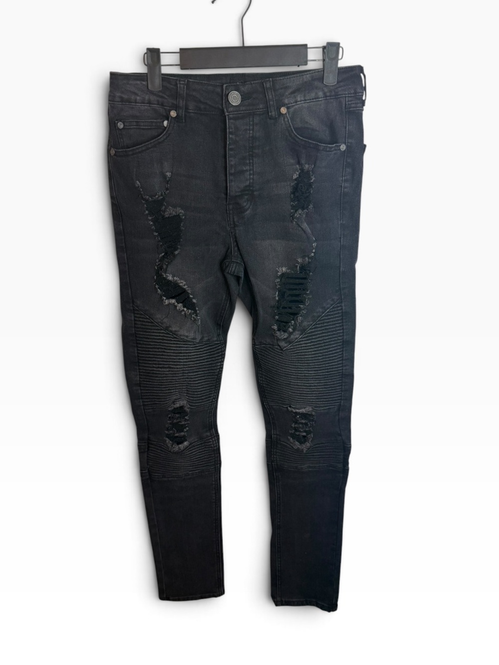 NWT Boohoo Man Charcoal Super Skinny Distressed Biker Jeans